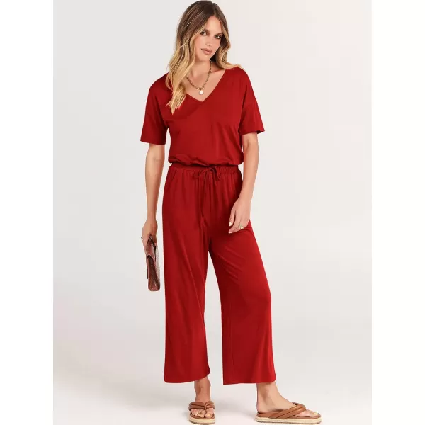 imageANRABESS Women Summer Casual Short Sleeve V Neck Elastic Waist Wide Leg Cropped Pants Jumpsuits Rompers with Pockets02red