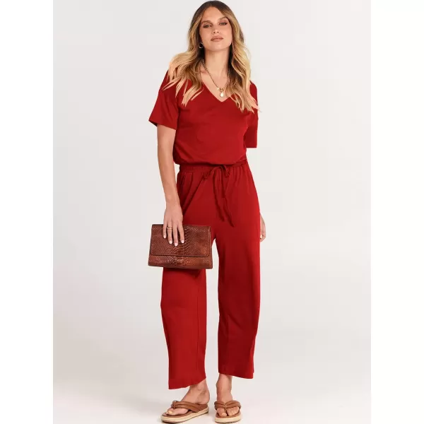 imageANRABESS Women Summer Casual Short Sleeve V Neck Elastic Waist Wide Leg Cropped Pants Jumpsuits Rompers with Pockets02red