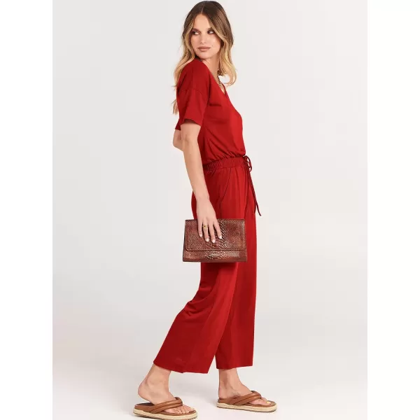 imageANRABESS Women Summer Casual Short Sleeve V Neck Elastic Waist Wide Leg Cropped Pants Jumpsuits Rompers with Pockets02red