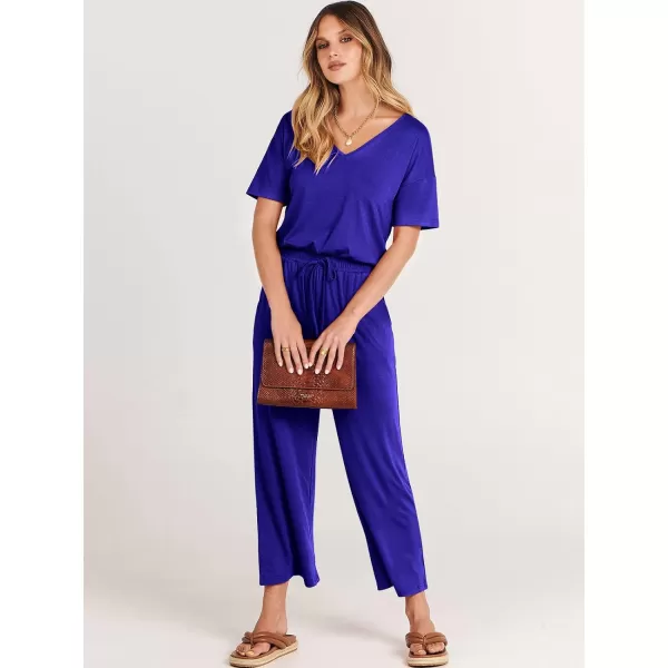 imageANRABESS Women Summer Casual Short Sleeve V Neck Elastic Waist Wide Leg Cropped Pants Jumpsuits Rompers with Pockets02royal Blue