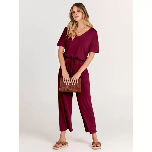 imageANRABESS Women Summer Casual Short Sleeve V Neck Elastic Waist Wide Leg Cropped Pants Jumpsuits Rompers with Pockets02wine Red