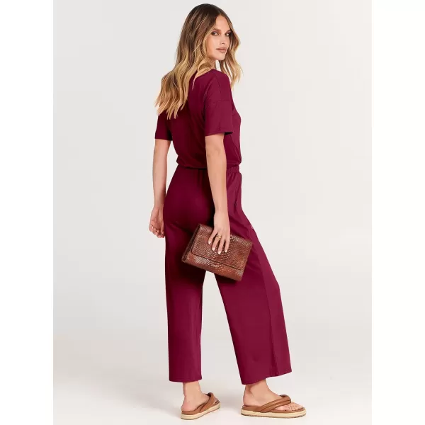 imageANRABESS Women Summer Casual Short Sleeve V Neck Elastic Waist Wide Leg Cropped Pants Jumpsuits Rompers with Pockets02wine Red