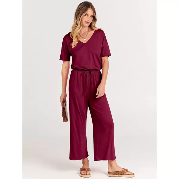 imageANRABESS Women Summer Casual Short Sleeve V Neck Elastic Waist Wide Leg Cropped Pants Jumpsuits Rompers with Pockets02wine Red