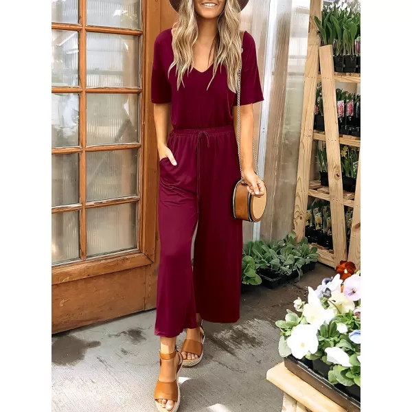 imageANRABESS Women Summer Casual Short Sleeve V Neck Elastic Waist Wide Leg Cropped Pants Jumpsuits Rompers with Pockets02wine Red