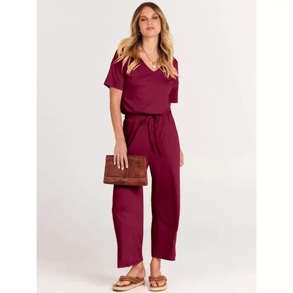 imageANRABESS Women Summer Casual Short Sleeve V Neck Elastic Waist Wide Leg Cropped Pants Jumpsuits Rompers with Pockets02wine Red