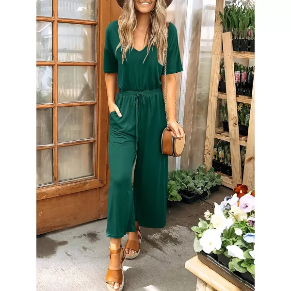 imageANRABESS Women Summer Casual Short Sleeve V Neck Elastic Waist Wide Leg Cropped Pants Jumpsuits Rompers with Pockets03deep Green