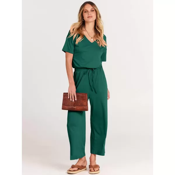 imageANRABESS Women Summer Casual Short Sleeve V Neck Elastic Waist Wide Leg Cropped Pants Jumpsuits Rompers with Pockets03deep Green