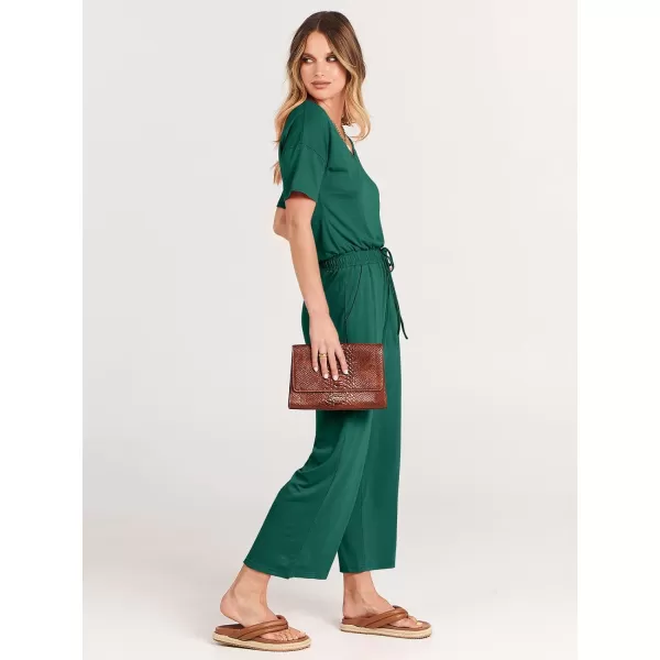 imageANRABESS Women Summer Casual Short Sleeve V Neck Elastic Waist Wide Leg Cropped Pants Jumpsuits Rompers with Pockets03deep Green