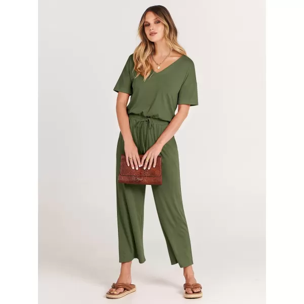 imageANRABESS Women Summer Casual Short Sleeve V Neck Elastic Waist Wide Leg Cropped Pants Jumpsuits Rompers with Pockets03green