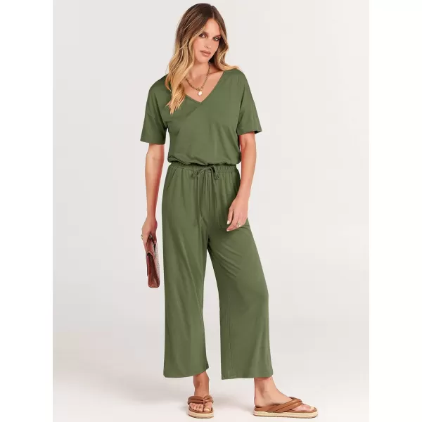 imageANRABESS Women Summer Casual Short Sleeve V Neck Elastic Waist Wide Leg Cropped Pants Jumpsuits Rompers with Pockets03green