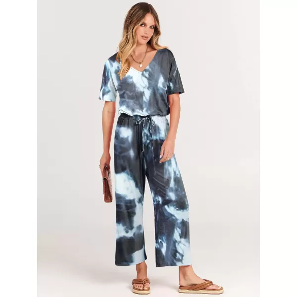 imageANRABESS Women Summer Casual Short Sleeve V Neck Elastic Waist Wide Leg Cropped Pants Jumpsuits Rompers with Pockets04tie Dye Navy
