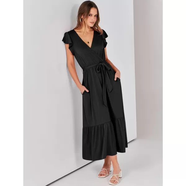 imageANRABESS Women Summer Maxi Dress Casual Wrap V Neck Flutter Short Sleeve Belt ALine Tiered Flowy Beach Long DressesBlack