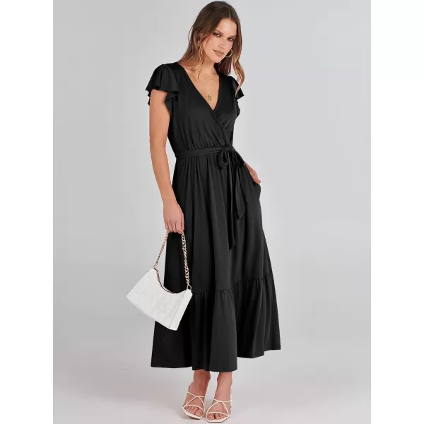 imageANRABESS Women Summer Maxi Dress Casual Wrap V Neck Flutter Short Sleeve Belt ALine Tiered Flowy Beach Long DressesBlack