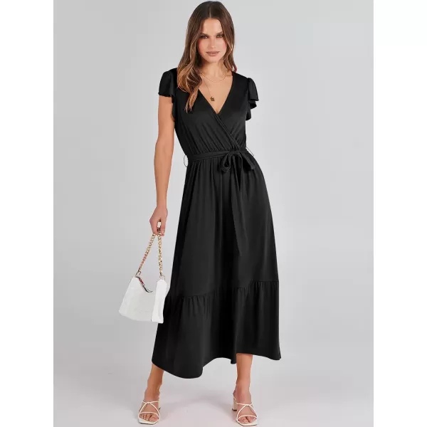 imageANRABESS Women Summer Maxi Dress Casual Wrap V Neck Flutter Short Sleeve Belt ALine Tiered Flowy Beach Long DressesBlack
