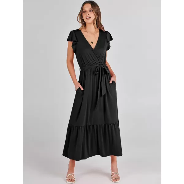 imageANRABESS Women Summer Maxi Dress Casual Wrap V Neck Flutter Short Sleeve Belt ALine Tiered Flowy Beach Long DressesBlack