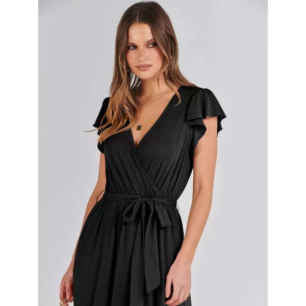 imageANRABESS Women Summer Maxi Dress Casual Wrap V Neck Flutter Short Sleeve Belt ALine Tiered Flowy Beach Long DressesBlack