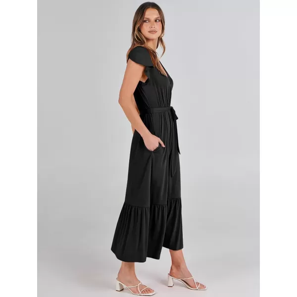 imageANRABESS Women Summer Maxi Dress Casual Wrap V Neck Flutter Short Sleeve Belt ALine Tiered Flowy Beach Long DressesBlack