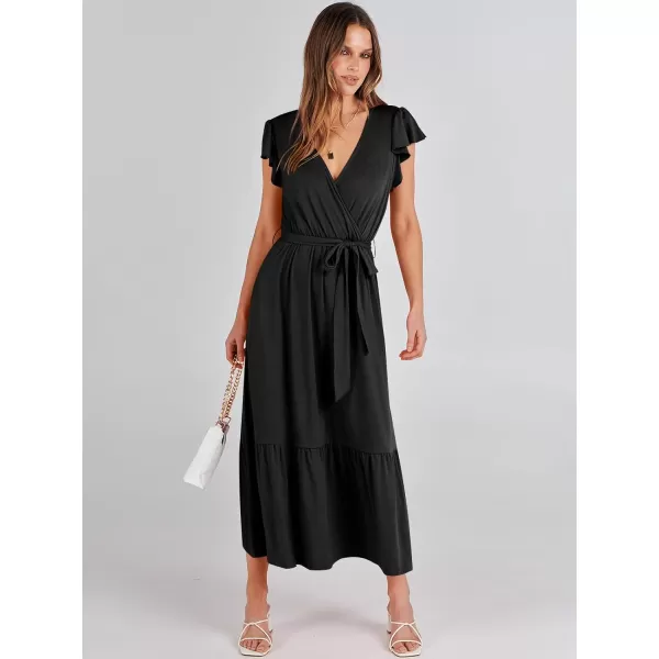 imageANRABESS Women Summer Maxi Dress Casual Wrap V Neck Flutter Short Sleeve Belt ALine Tiered Flowy Beach Long DressesBlack