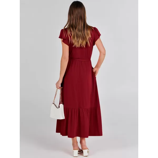 imageANRABESS Women Summer Maxi Dress Casual Wrap V Neck Flutter Short Sleeve Belt ALine Tiered Flowy Beach Long DressesBurgundy