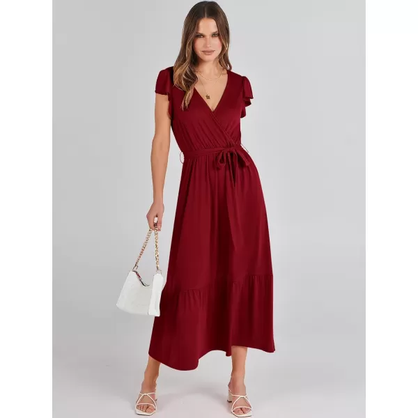 imageANRABESS Women Summer Maxi Dress Casual Wrap V Neck Flutter Short Sleeve Belt ALine Tiered Flowy Beach Long DressesBurgundy
