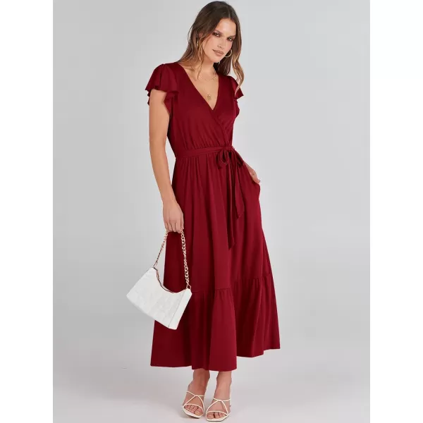 imageANRABESS Women Summer Maxi Dress Casual Wrap V Neck Flutter Short Sleeve Belt ALine Tiered Flowy Beach Long DressesBurgundy
