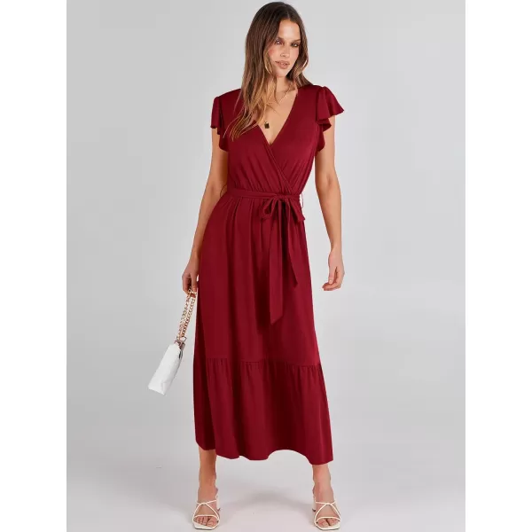 imageANRABESS Women Summer Maxi Dress Casual Wrap V Neck Flutter Short Sleeve Belt ALine Tiered Flowy Beach Long DressesBurgundy
