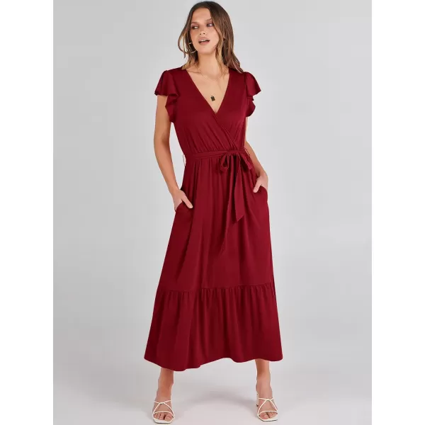 imageANRABESS Women Summer Maxi Dress Casual Wrap V Neck Flutter Short Sleeve Belt ALine Tiered Flowy Beach Long DressesBurgundy