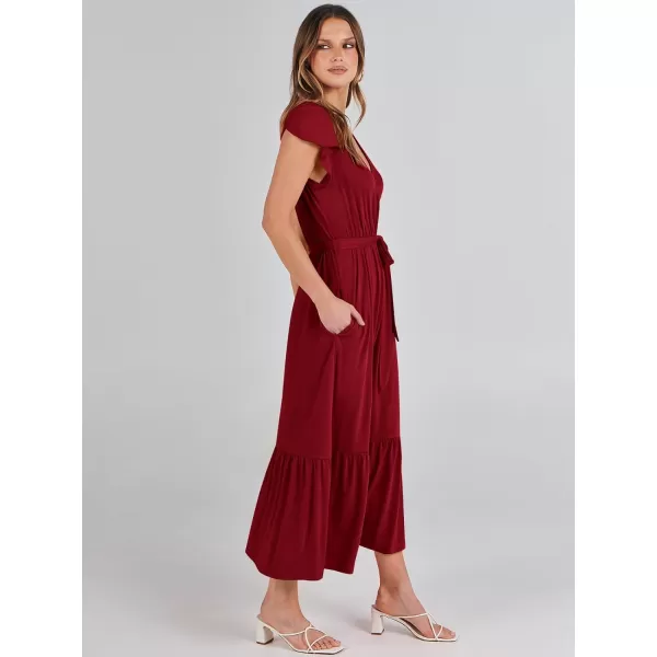 imageANRABESS Women Summer Maxi Dress Casual Wrap V Neck Flutter Short Sleeve Belt ALine Tiered Flowy Beach Long DressesBurgundy