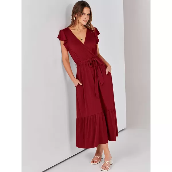 imageANRABESS Women Summer Maxi Dress Casual Wrap V Neck Flutter Short Sleeve Belt ALine Tiered Flowy Beach Long DressesBurgundy
