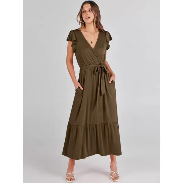 imageANRABESS Women Summer Maxi Dress Casual Wrap V Neck Flutter Short Sleeve Belt ALine Tiered Flowy Beach Long DressesCoffee