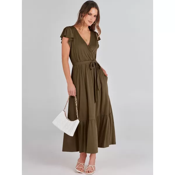 imageANRABESS Women Summer Maxi Dress Casual Wrap V Neck Flutter Short Sleeve Belt ALine Tiered Flowy Beach Long DressesCoffee