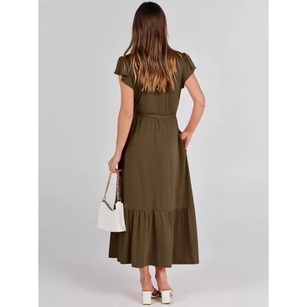 imageANRABESS Women Summer Maxi Dress Casual Wrap V Neck Flutter Short Sleeve Belt ALine Tiered Flowy Beach Long DressesCoffee