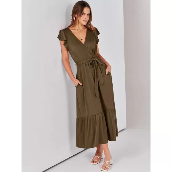 imageANRABESS Women Summer Maxi Dress Casual Wrap V Neck Flutter Short Sleeve Belt ALine Tiered Flowy Beach Long DressesCoffee