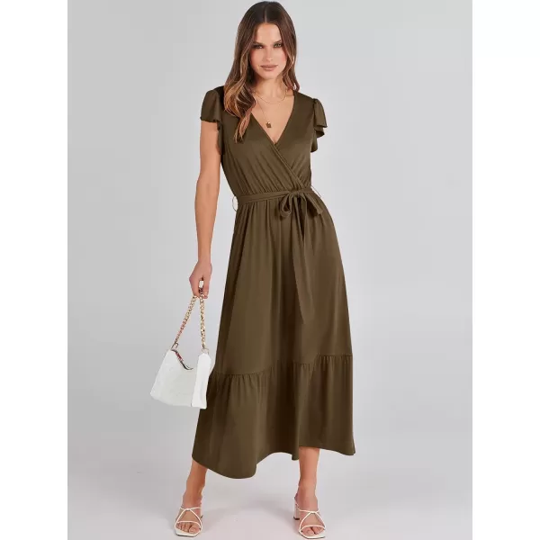 imageANRABESS Women Summer Maxi Dress Casual Wrap V Neck Flutter Short Sleeve Belt ALine Tiered Flowy Beach Long DressesCoffee