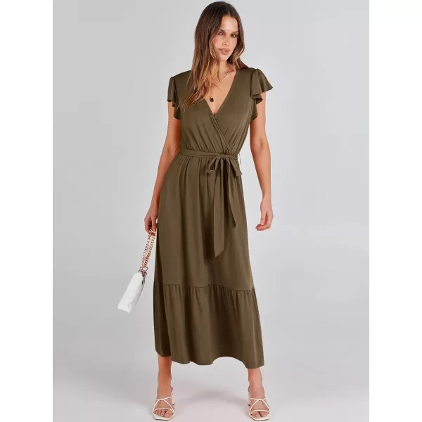 imageANRABESS Women Summer Maxi Dress Casual Wrap V Neck Flutter Short Sleeve Belt ALine Tiered Flowy Beach Long DressesCoffee