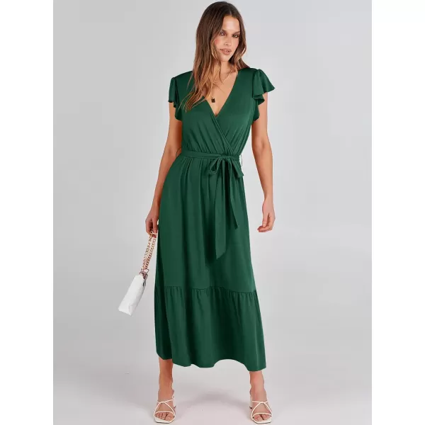 imageANRABESS Women Summer Maxi Dress Casual Wrap V Neck Flutter Short Sleeve Belt ALine Tiered Flowy Beach Long DressesDeep Green