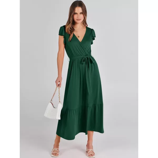 imageANRABESS Women Summer Maxi Dress Casual Wrap V Neck Flutter Short Sleeve Belt ALine Tiered Flowy Beach Long DressesDeep Green