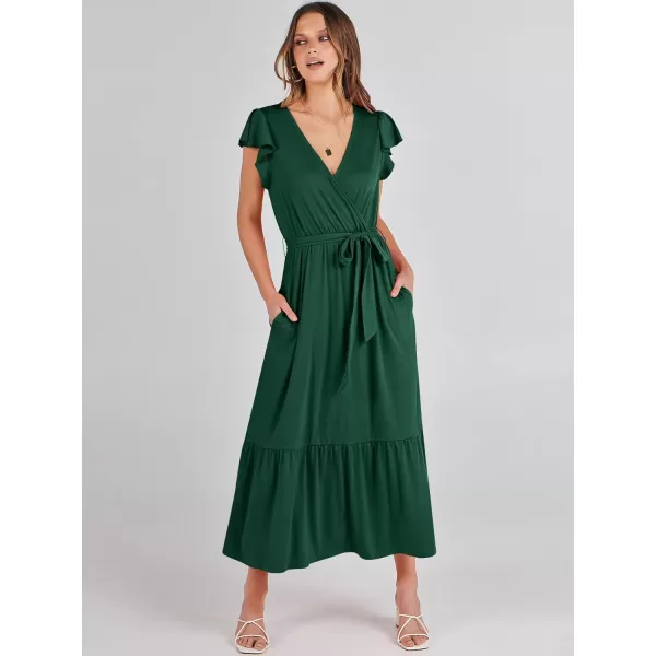 imageANRABESS Women Summer Maxi Dress Casual Wrap V Neck Flutter Short Sleeve Belt ALine Tiered Flowy Beach Long DressesDeep Green