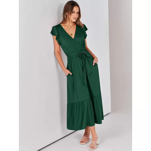imageANRABESS Women Summer Maxi Dress Casual Wrap V Neck Flutter Short Sleeve Belt ALine Tiered Flowy Beach Long DressesDeep Green