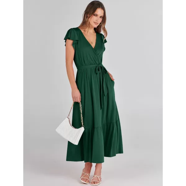 imageANRABESS Women Summer Maxi Dress Casual Wrap V Neck Flutter Short Sleeve Belt ALine Tiered Flowy Beach Long DressesDeep Green