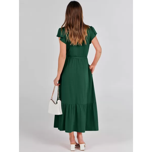imageANRABESS Women Summer Maxi Dress Casual Wrap V Neck Flutter Short Sleeve Belt ALine Tiered Flowy Beach Long DressesDeep Green