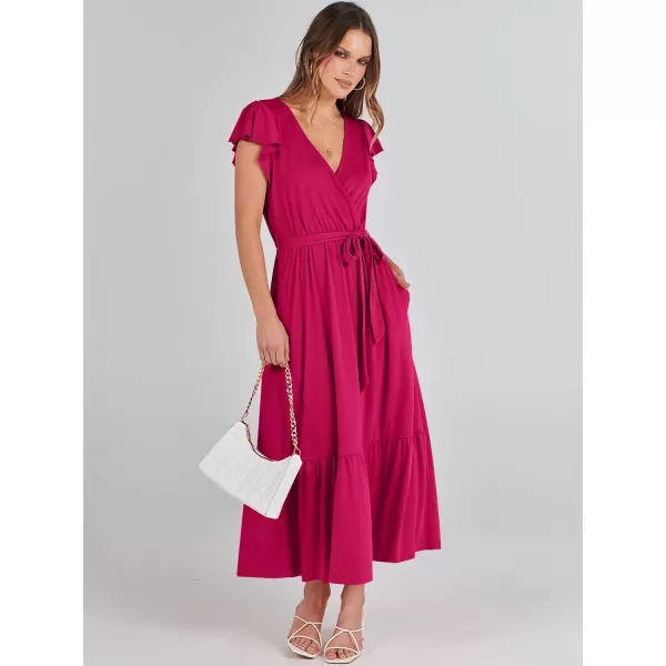 imageANRABESS Women Summer Maxi Dress Casual Wrap V Neck Flutter Short Sleeve Belt ALine Tiered Flowy Beach Long DressesHot Pink