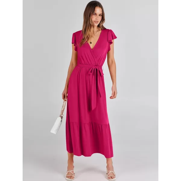 imageANRABESS Women Summer Maxi Dress Casual Wrap V Neck Flutter Short Sleeve Belt ALine Tiered Flowy Beach Long DressesHot Pink