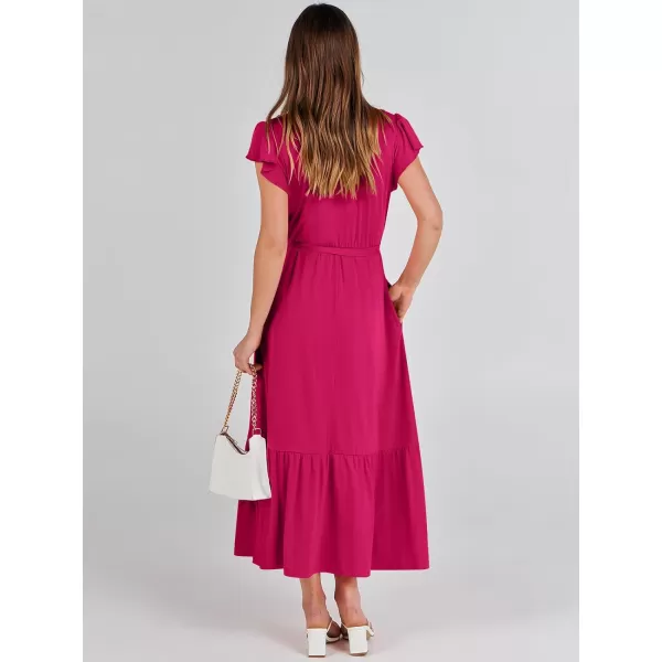 imageANRABESS Women Summer Maxi Dress Casual Wrap V Neck Flutter Short Sleeve Belt ALine Tiered Flowy Beach Long DressesHot Pink