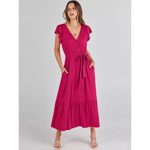 imageANRABESS Women Summer Maxi Dress Casual Wrap V Neck Flutter Short Sleeve Belt ALine Tiered Flowy Beach Long DressesHot Pink
