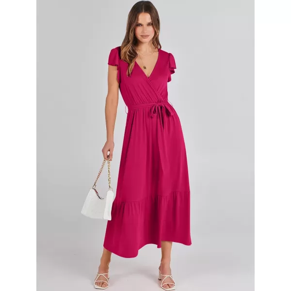 imageANRABESS Women Summer Maxi Dress Casual Wrap V Neck Flutter Short Sleeve Belt ALine Tiered Flowy Beach Long DressesHot Pink