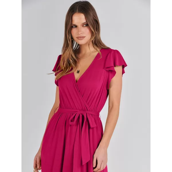 imageANRABESS Women Summer Maxi Dress Casual Wrap V Neck Flutter Short Sleeve Belt ALine Tiered Flowy Beach Long DressesHot Pink
