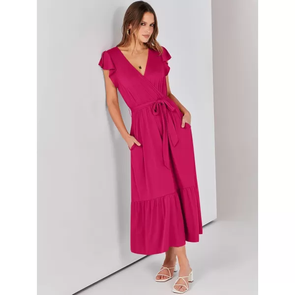 imageANRABESS Women Summer Maxi Dress Casual Wrap V Neck Flutter Short Sleeve Belt ALine Tiered Flowy Beach Long DressesHot Pink