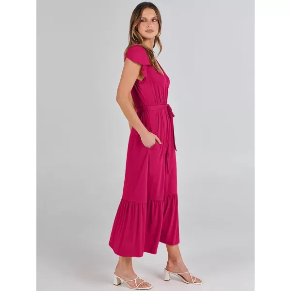 imageANRABESS Women Summer Maxi Dress Casual Wrap V Neck Flutter Short Sleeve Belt ALine Tiered Flowy Beach Long DressesHot Pink