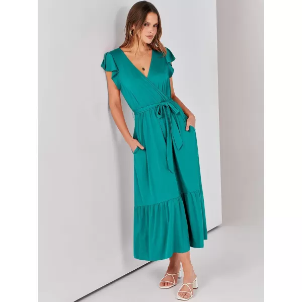 imageANRABESS Women Summer Maxi Dress Casual Wrap V Neck Flutter Short Sleeve Belt ALine Tiered Flowy Beach Long DressesLake Green